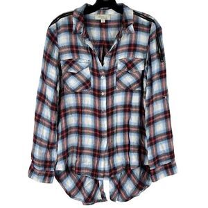 Olive & Oak Plaid Button Down Zipper Shoulder Split Tail Blouse Small